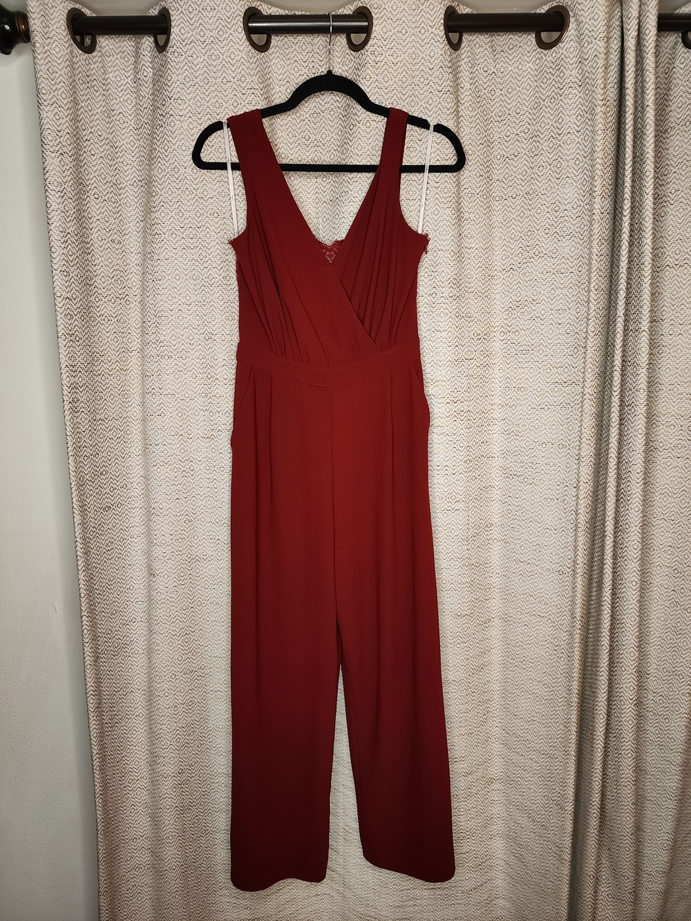 Lulu's Sleeveless V-Neck Wide-Leg Jumpsuit in Brick Red